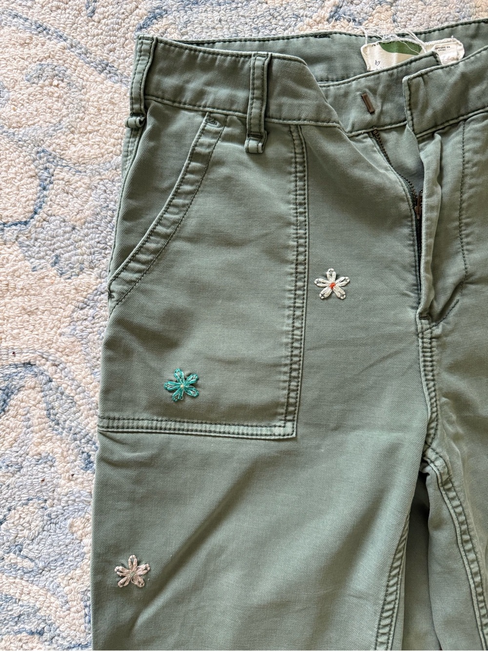Anthropologie Olive Green Embroidered Floral Casual Pants